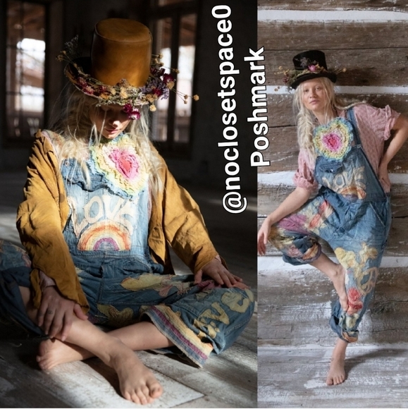 New Magnolia Pearl Love Applique Overalls Woodstock 039 Overall Denim Jean Jeans - Picture 10 of 17